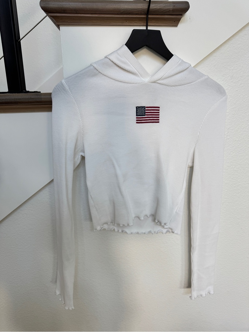 Forever 21 White Ribbed Hooded Crop Top with Flag Patch
